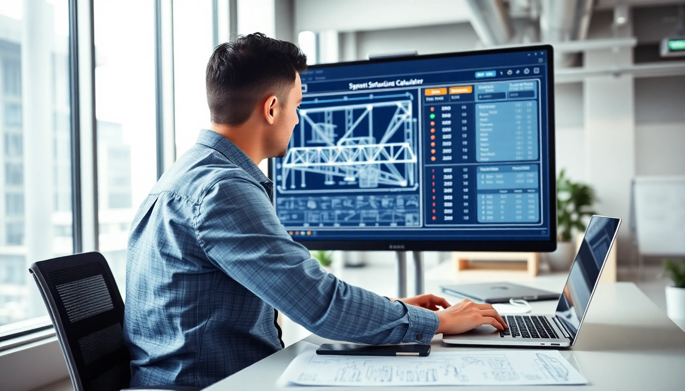 Using the truss calculator, an engineer analyzes designs in a modern office setting.
