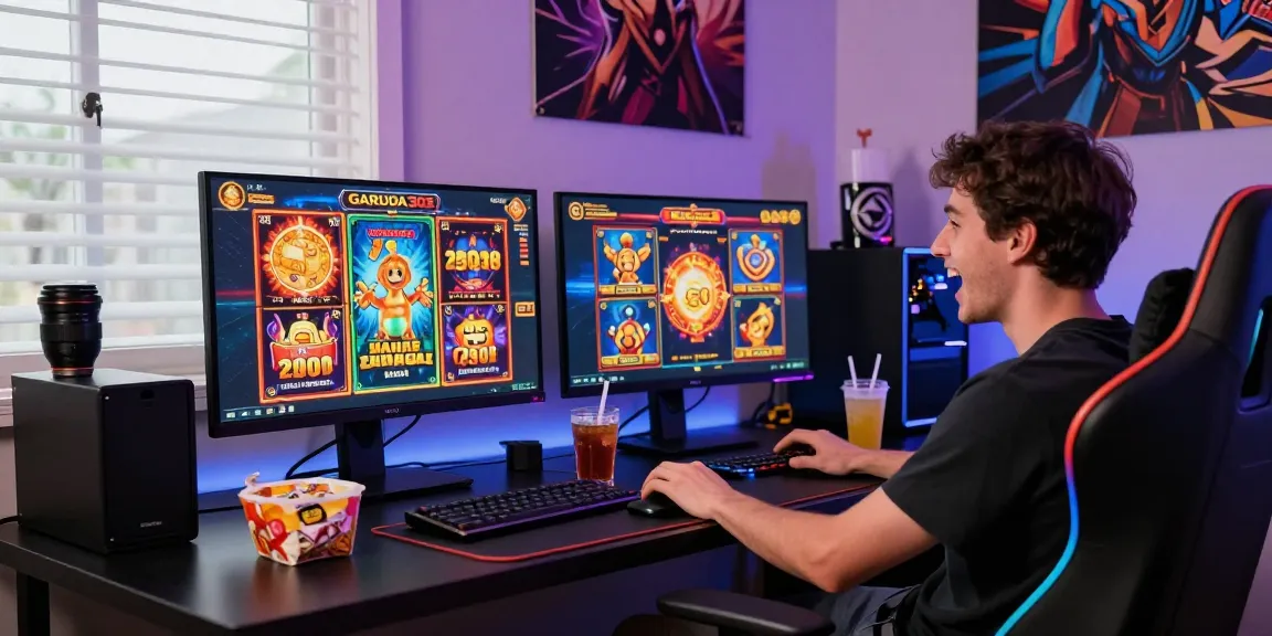 Excited player engaging with slot depo 1000 games on computer, vibrant visuals enhancing the gaming experience.