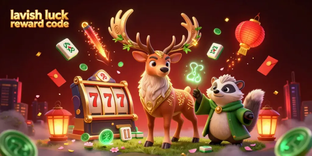 Engage with lavish luck reward code in a vibrant casino scene featuring a druid stag and glowing coins.