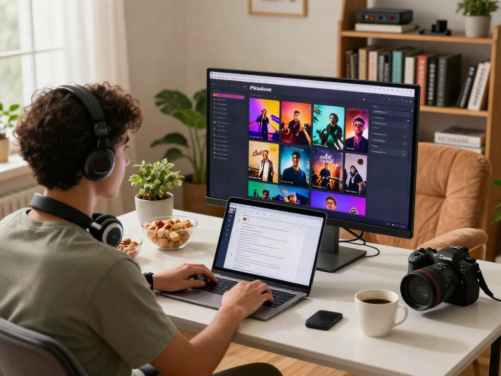 Pikashow vibrant streaming interface displayed on a modern home office desk with cozy elements.