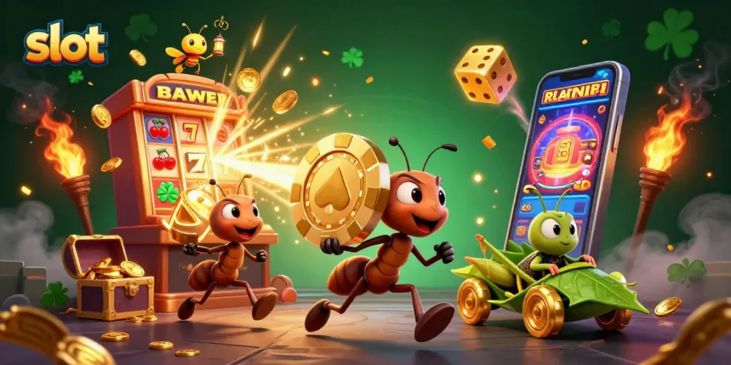 Permainan slot online dengan ant menjalankan pencurian chip poker emas raksasa dalam ilustrasi ceria.