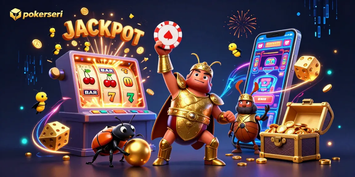 Engage with pokerseri's dynamic casino action illustrated by a victorious beetle brandishing a poker chip.