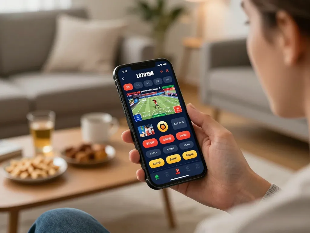 Person engaging with the LOTO188 app for live betting in a cozy home setting.