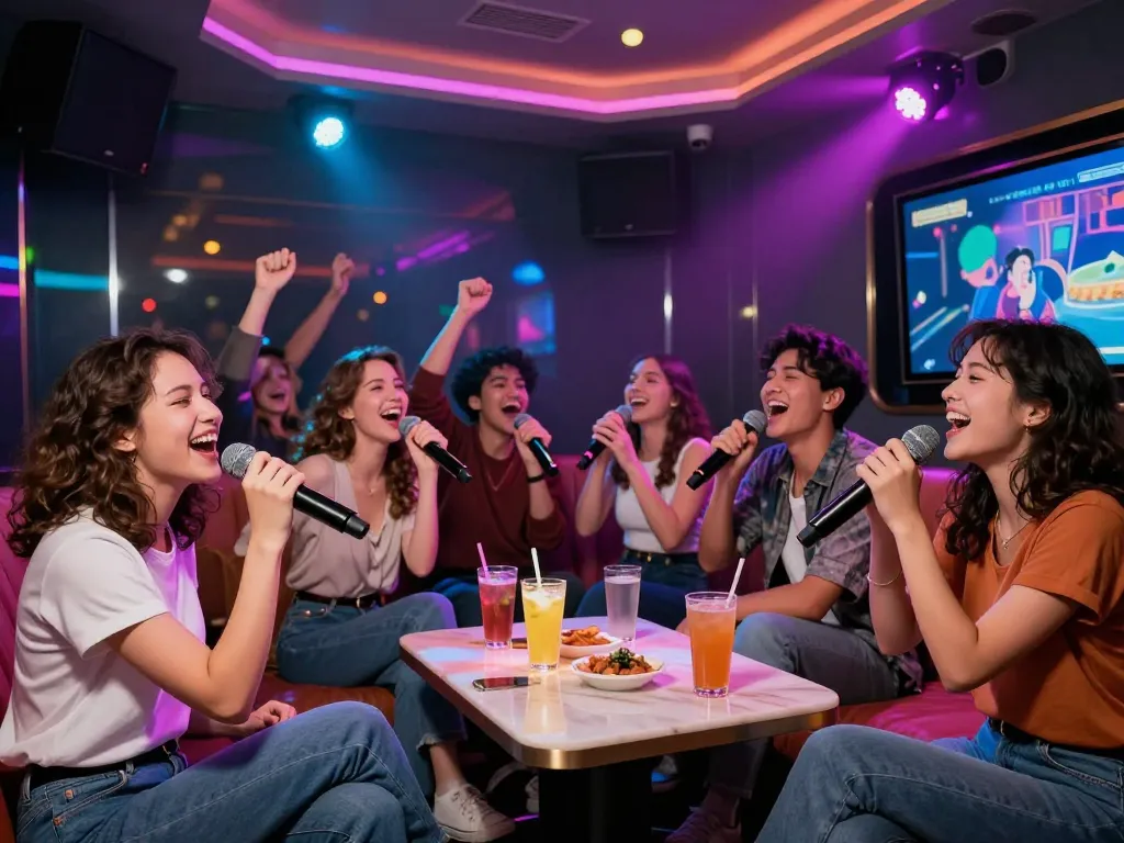 Group of friends enjoying karaoke at https://www.magic4karaoke.com/ in a lively atmosphere.