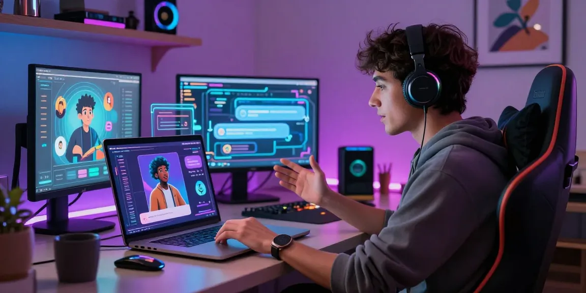 Tavern AI chat interaction scene with user engaging personalized characters in a modern digital workspace