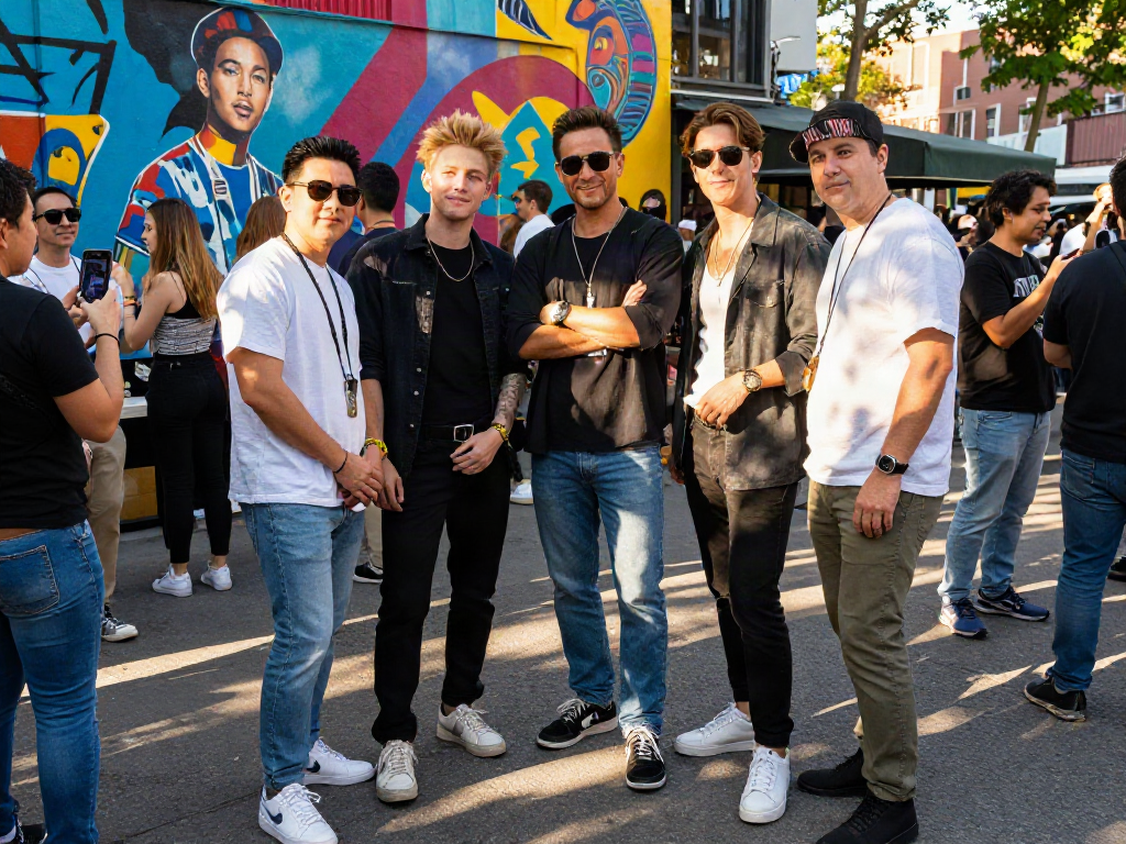 Celebrity look alikes of famous people posing together in a vibrant urban setting