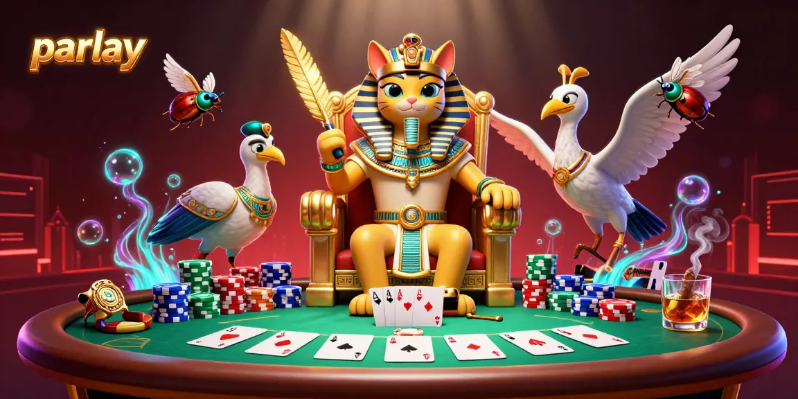 Engage with parlay bets amid a lively casino scene featuring an Egyptian pharaoh cat.