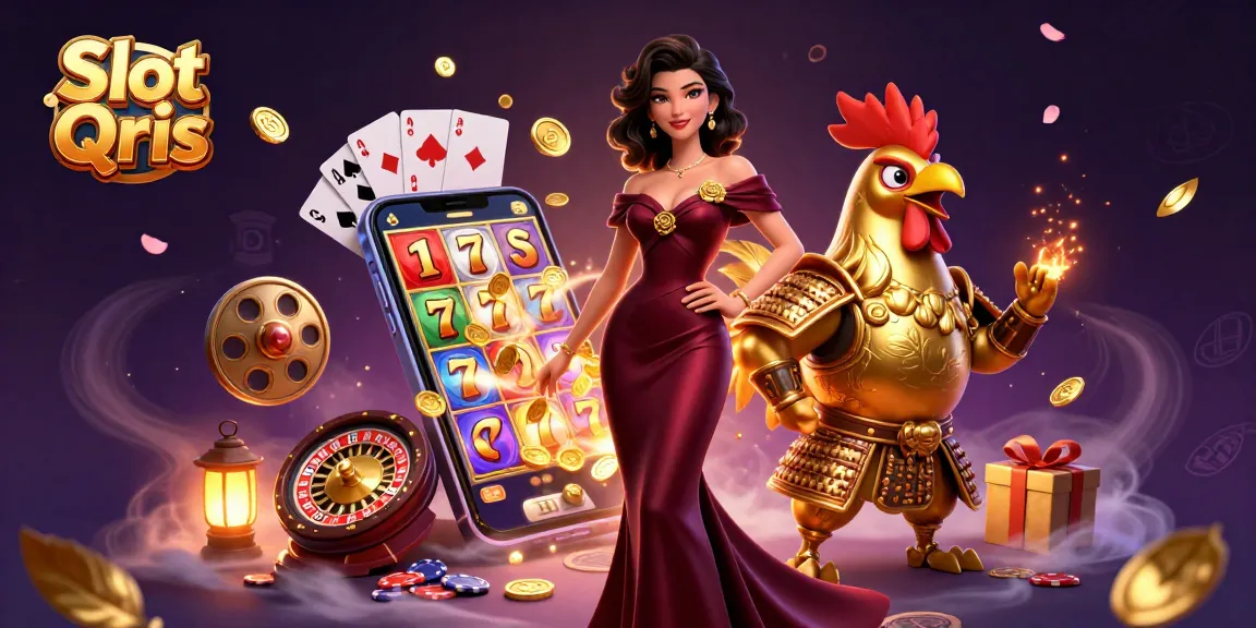 Experience the thrill of Slot Qris with a glamorous woman and samurai warrior amidst vibrant casino elements.