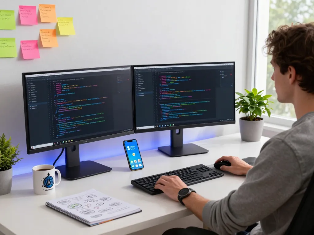 Moltbot user in home office efficiently managing tasks on dual monitors.