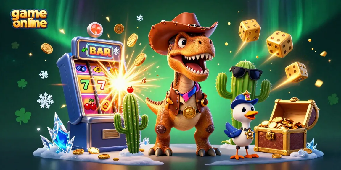 Engage with exciting game online action as a T-Rex cowboy and friends celebrate winnings!