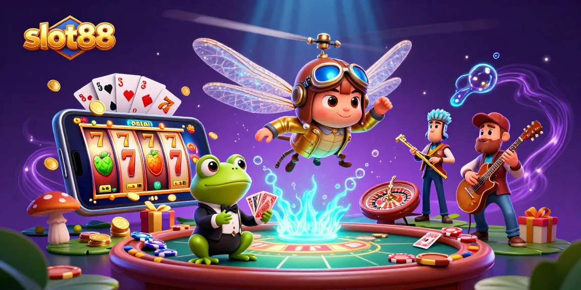 Spin the reels of slot88 in this vibrant casino scene with a dragonfly pilot and frog croupier.