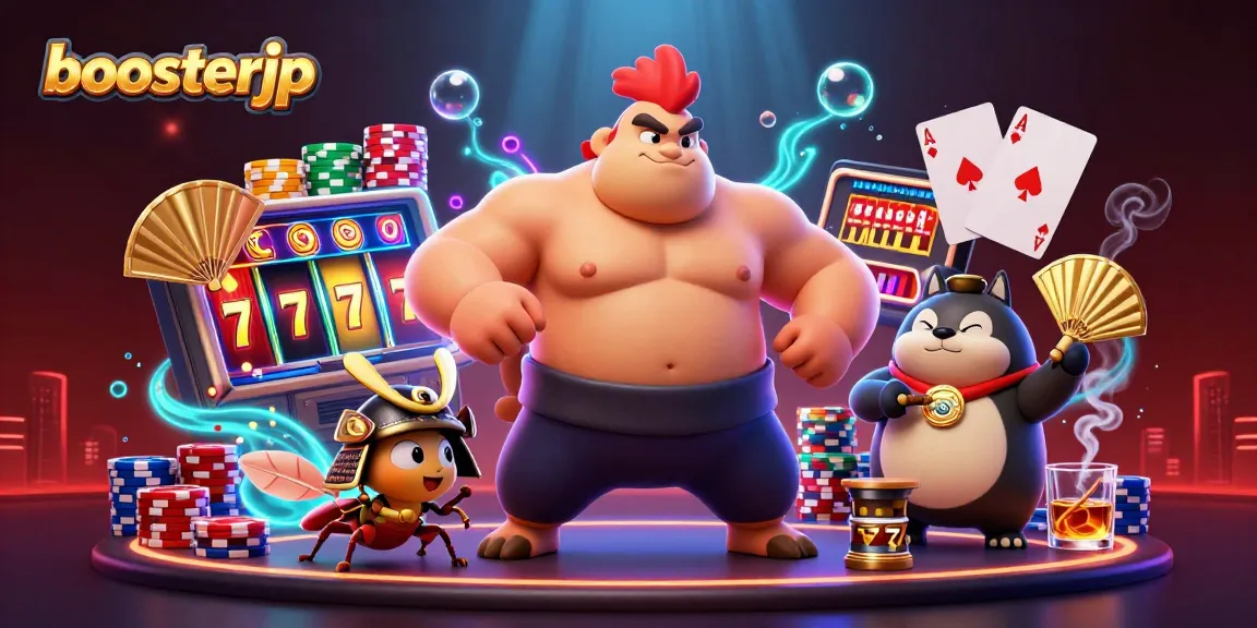 Engage with boosterjp in a dynamic casino scene showcasing unique characters and rich gaming elements.