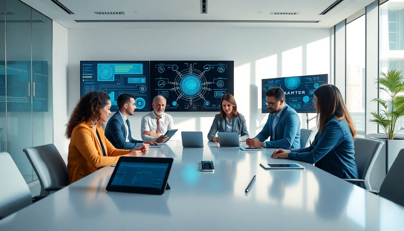 Visualizing an enterprise assistant in a modern office showing a collaborative team utilizing technology.