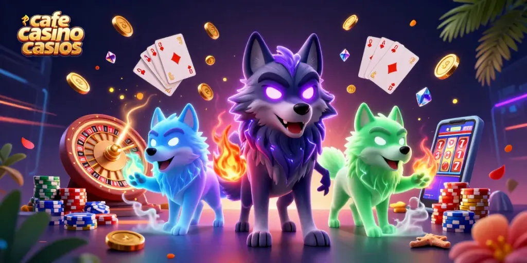 Experience the thrill at cafe casino sister casinos with glowing wolves amidst cascading coins, chips, and a spinning roulette wheel.
