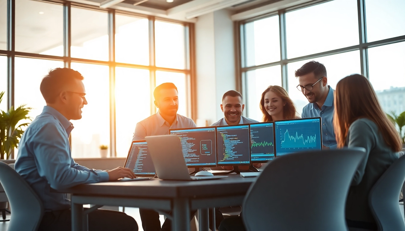 Collaborative team using a test automation tool in a bright office environment.