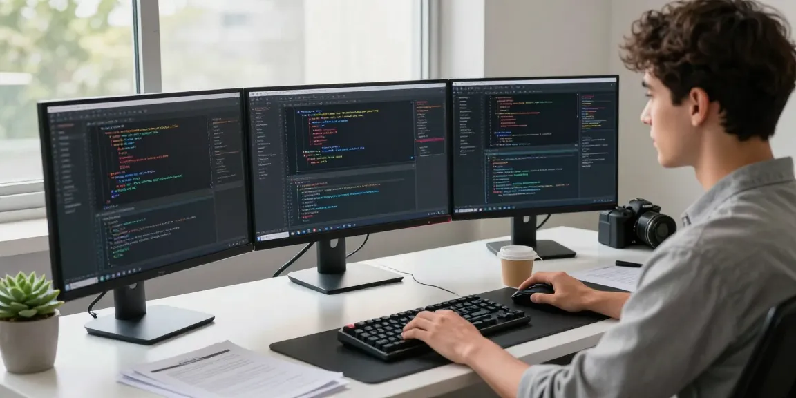 Workspace with multiple monitors showing 纸飞机中文版 applications, highlighting a tech-savvy professional's coding environment.