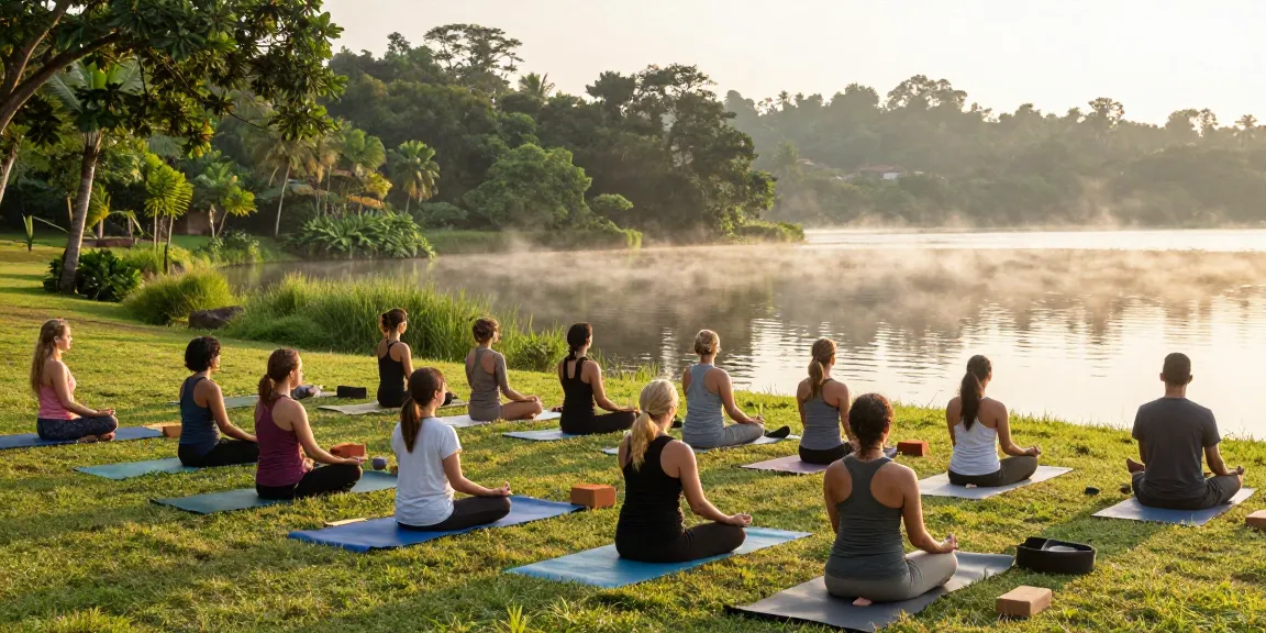 Group meditation during 200hr YTT Sri Lanka, serene lakeside setting enhancing yoga training experience.