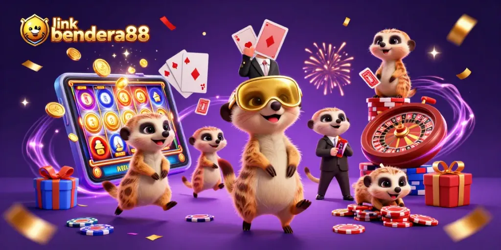 link bendera88 menghadirkan koloni meerkat beroperasi di kasino, dengan efek confetti dan permainan yang menarik.