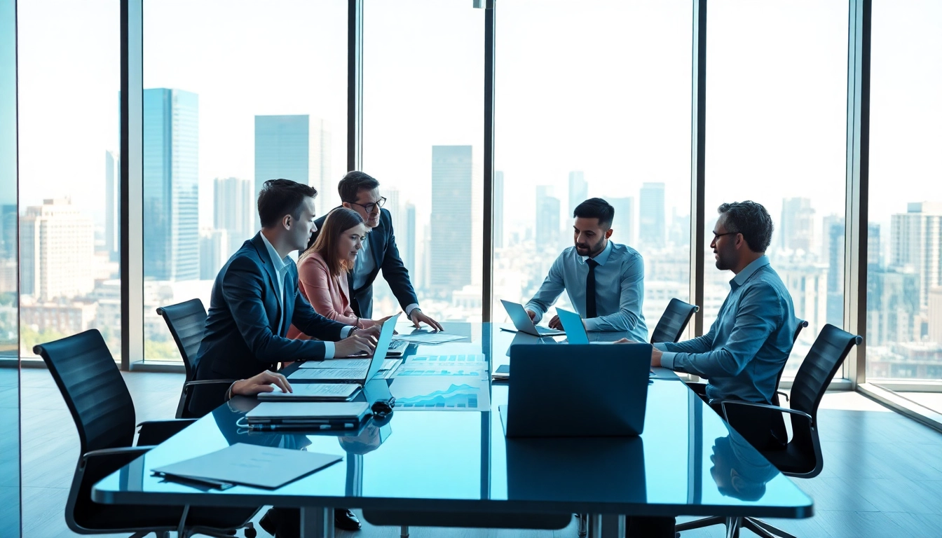 Analyze business growth insights with a dedicated team surrounded by data charts.