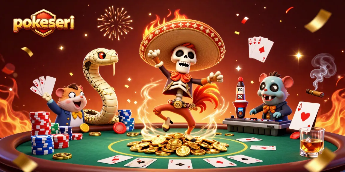 Experience the excitement of pokerseri with a lively 3D cartoon scene filled with poker elements and festive characters.