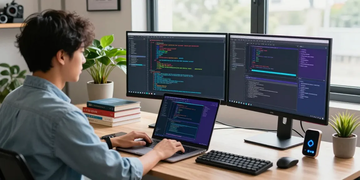Developer coding in a modern workspace with vibrant screens showcasing 纸飞机中文版.