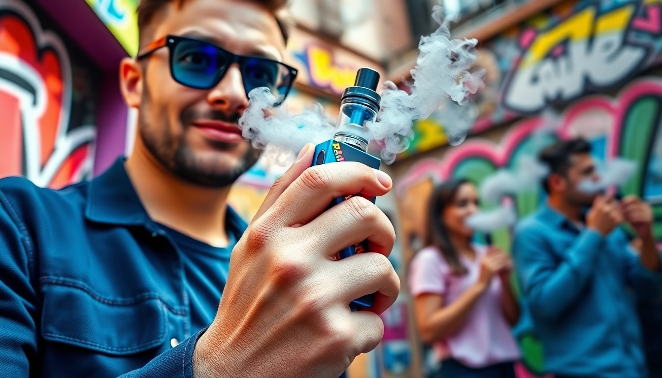 Holding a funky republic vape features vibrant design in an urban setting.