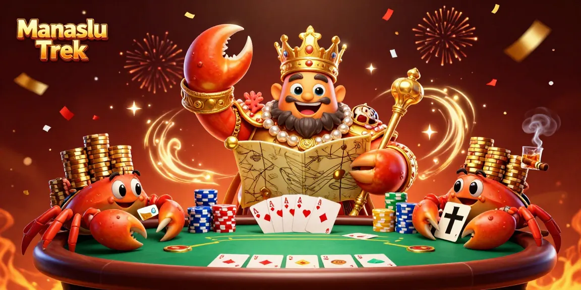 Engage in the Manaslu Trek adventure at a vibrant casino, featuring a golden crab emperor leading a dynamic scene.