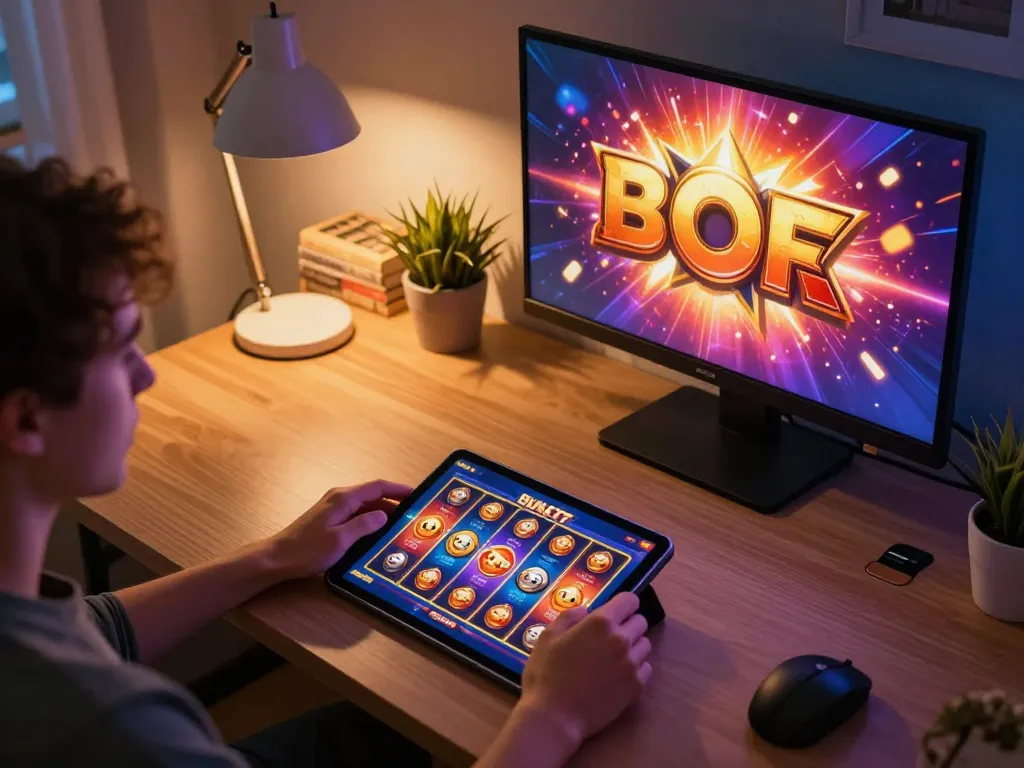 Player engages with BUKA77 online slots in a cozy home gaming setup, celebrating a big win.
