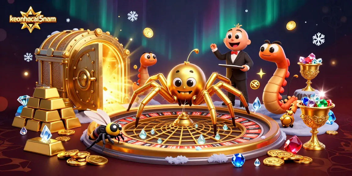 Experience thrilling bets with keonhacai5nam as a golden spider spins a roulette wheel web.