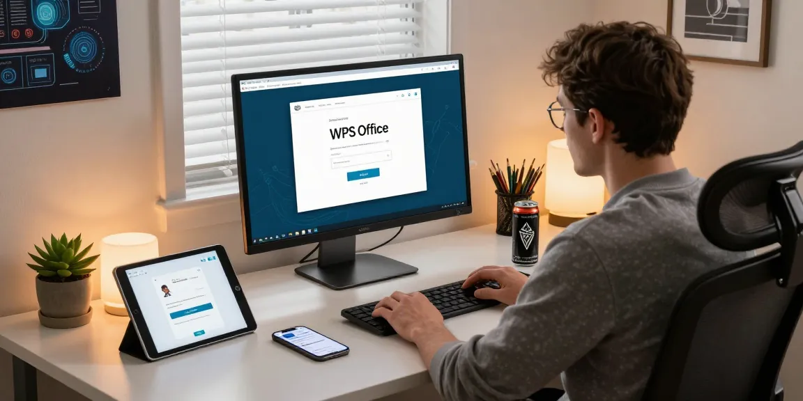 WPS Download in a modern home office with user downloading software on a desktop, highlighting productivity.