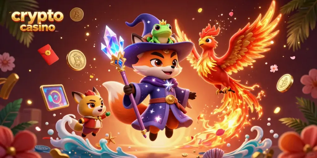 Engage in the lively world of a crypto casino featuring a wizard fox, phoenix, and unique gaming elements.