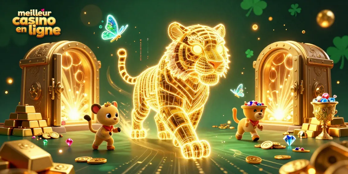 Illustration représentant le meilleur casino en ligne avec un tigre doré et des trésors étincelants, immersion unique.