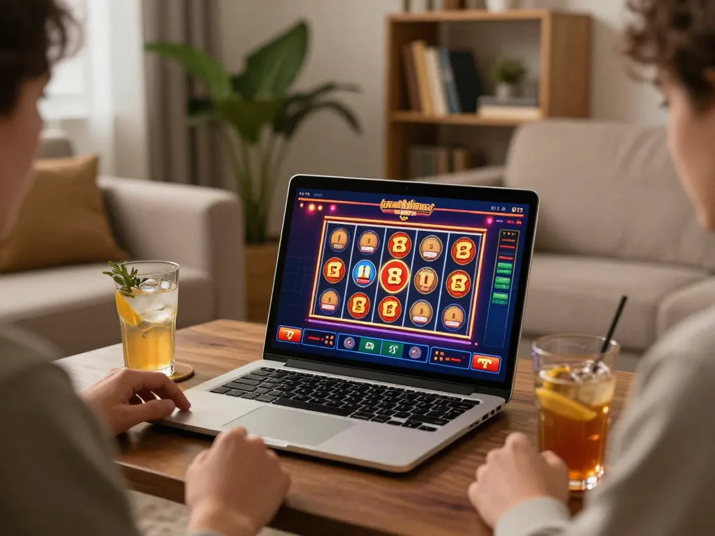 Engaging session playing casino gratis senza registrazione on a stylish laptop, analyzing strategies in a cozy living room