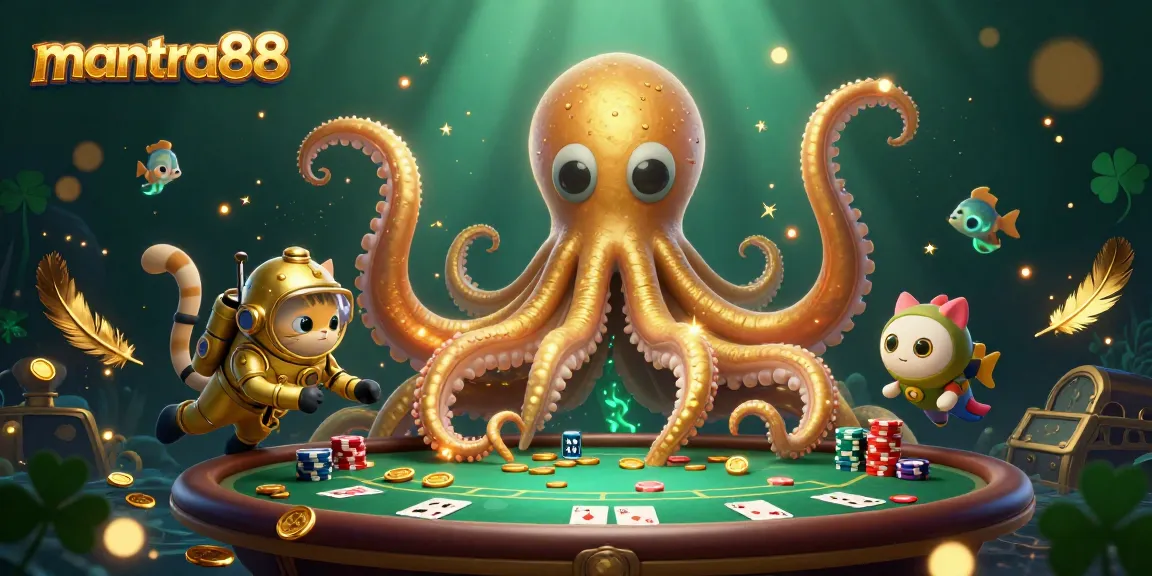 Join the excitement of mantra88 with a colossal kraken, a diving cat, and vibrant poker elements.