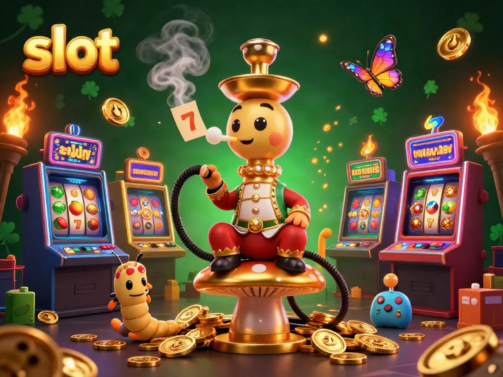 Engage in thrilling slot action with a whimsical caterpillar character in a vibrant casino setting.