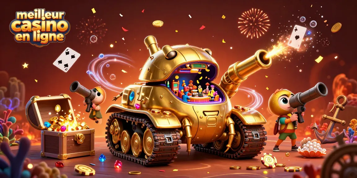Illustration dynamique du meilleur casino en ligne, avec un tank en or et un mini casino à l'intérieur, entouré de jeux et de fêtes