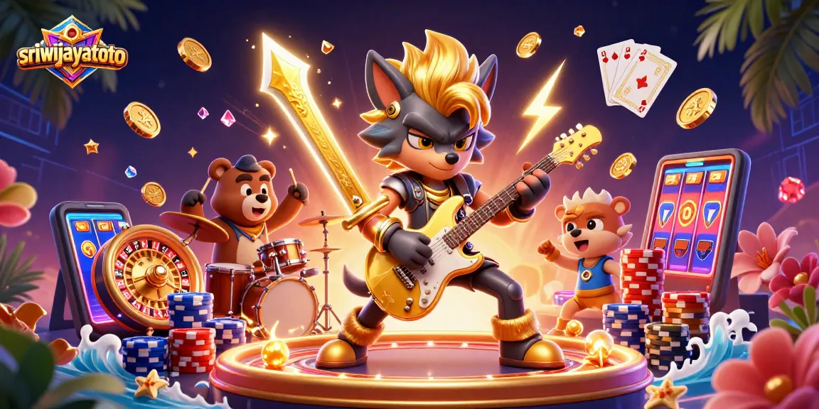 Sriwijayatoto unleashes excitement on stage, showcasing a rock star wolf and drummer bear amidst casino elements.