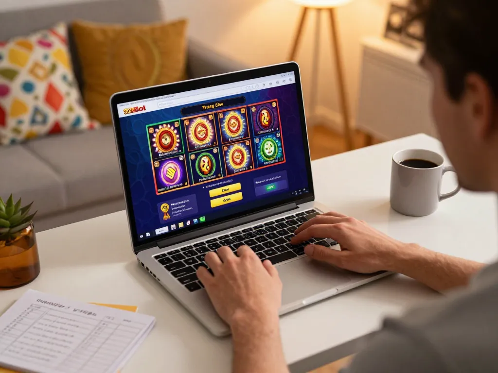 The user engages with 92slot trang chủ on their laptop, showcasing various online games and strategies.
