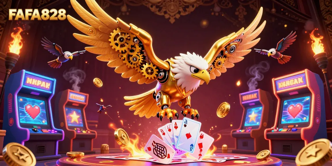 Experience FAFA828 excitement with a cybernetic eagle soaring amidst vibrant casino-themed artwork.