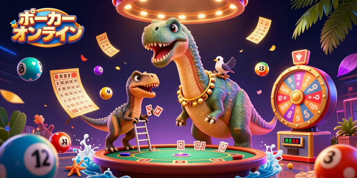 ポーカー オンラインでのテーブル上に立つ恐竜が魅力的なカジノのイラスト