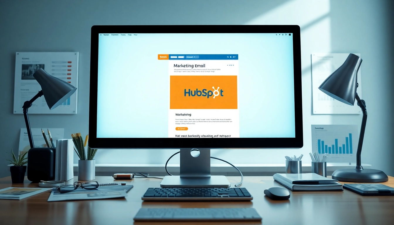 Creating engaging hubspot marketing email atop a modern desk setup with charts and marketing materials.
