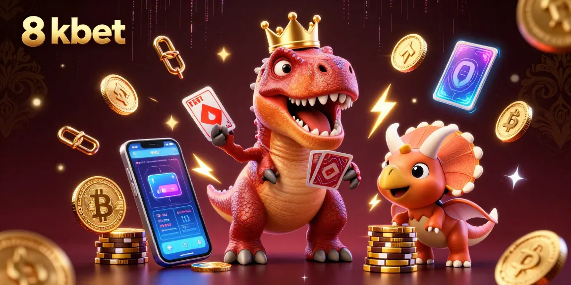 Engage with 8kbet through an animated scene featuring a T-Rex, pterodactyl, and triceratops in a dynamic casino setting.