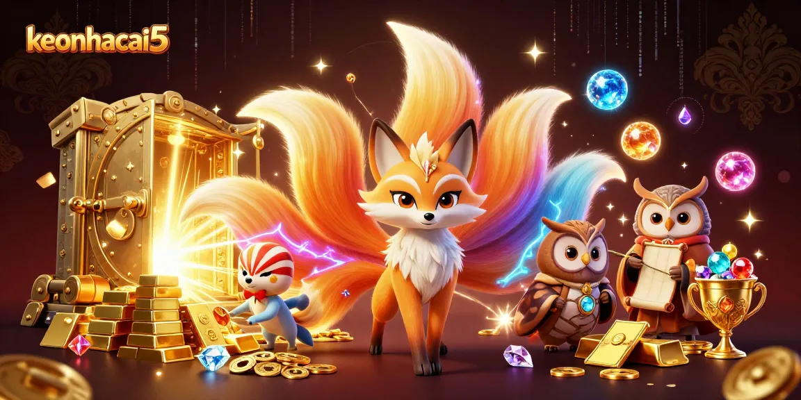 Engage with keonhacai5 as you explore vibrant casino elements amidst mystical characters and treasures.
