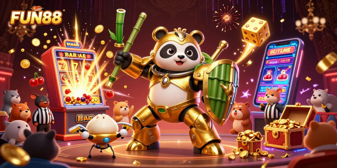 Experience FUN88 excitement with a golden panda robot amidst casino games and vibrant wins.