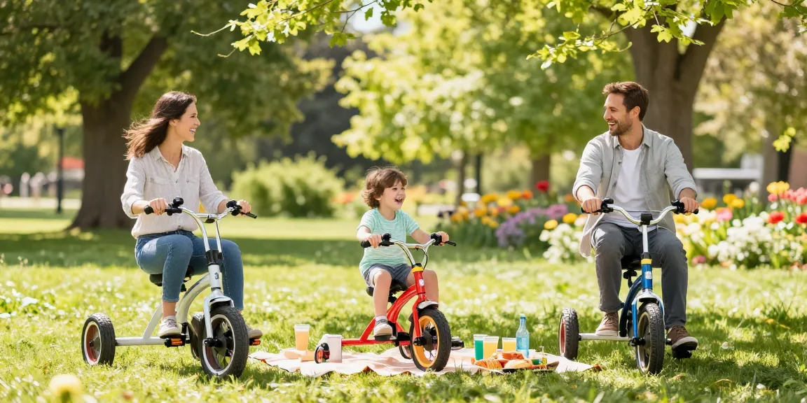 Families riding tricycles and enjoying a sunny day in the park.