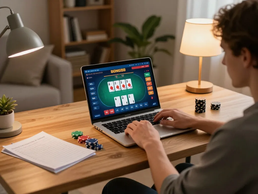 BONG88 player engaging in strategic online poker gameplay at home, capturing the excitement of digital betting.
