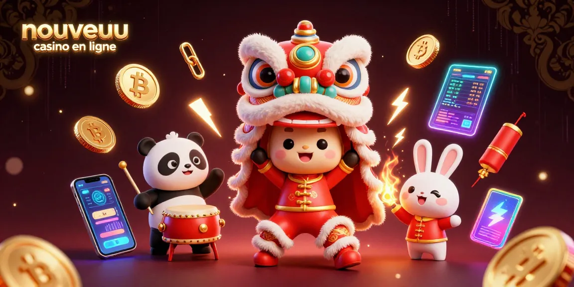 Gagner avec un nouveau casino en ligne : illustration colorée d'une danse de lion avec des éléments de crypto-monnaie.