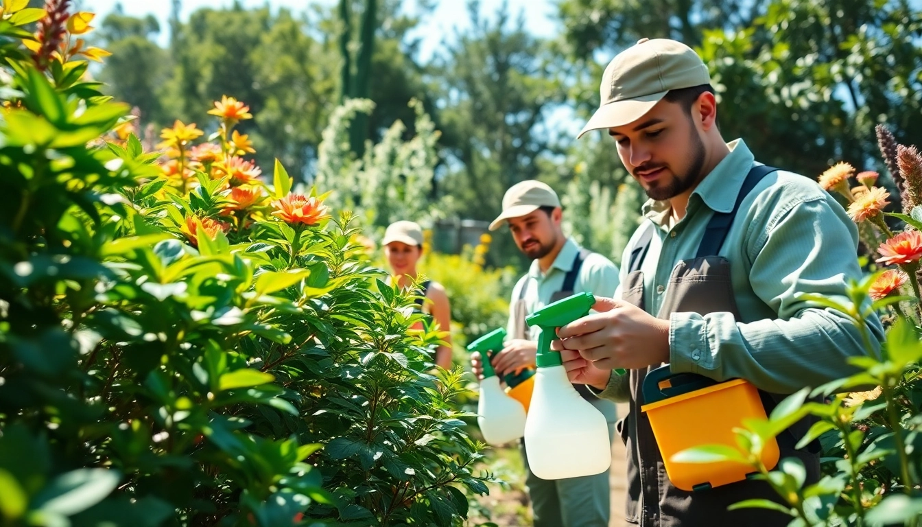 Engaged green exterminator service team applying eco-friendly treatments in a garden setting.
