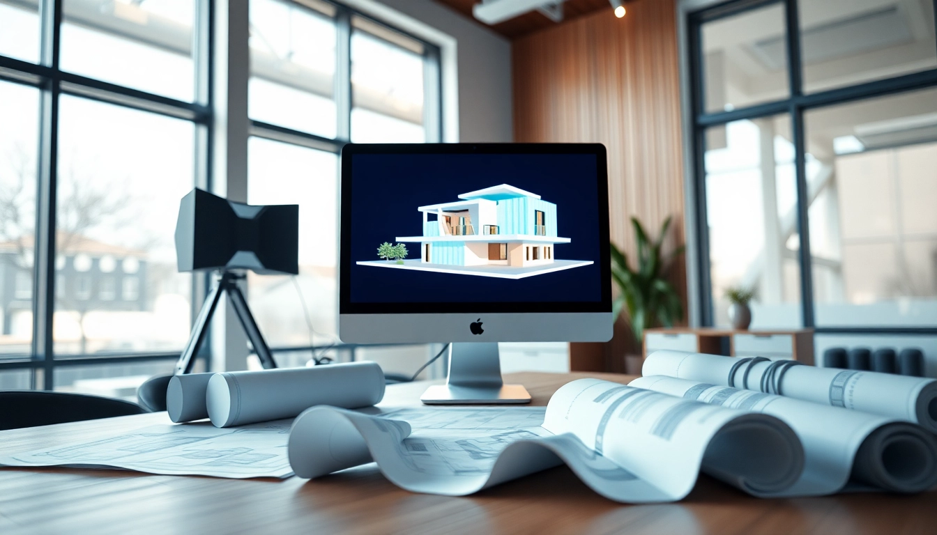 3D Visualisierung erstellen in einem modernen Büro mit architektonischem Modell und lebendigen 3D-Renderings.