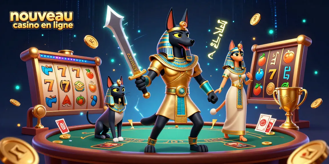 Profitez du nouveau casino en ligne avec Anubis et Bastet, entourés de machines à sous et de jetons.